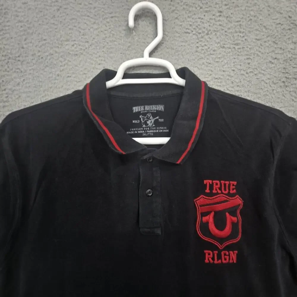 True Religion Men’s Black/Red Logo Polo Shirt M Regular Short Sleeve Button